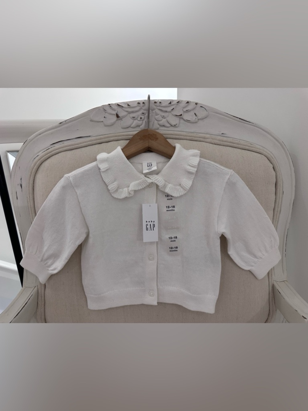 🤍 12~18 Mth GAP Ivory Ruffle Peter Pan Collar Baby Cardigan 100% Cotton NWT